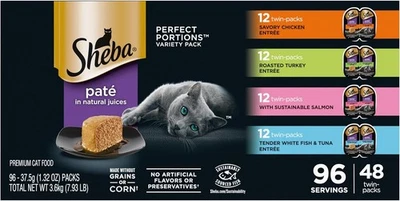 Sheba Perfect Portions Wet Cat Food Pate Variety Pack 48 Twin-Pack Trays 96 Srv