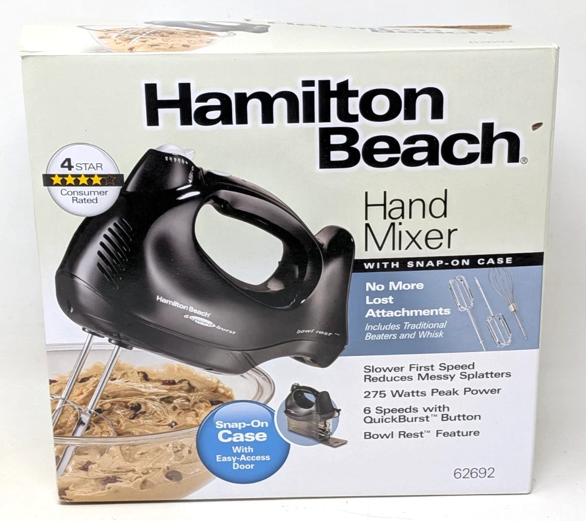 New Vintage Hamilton Beach 6 Speed 275 Watt Black Hand Mixer Snap on Case 62692
Opens in a new windo