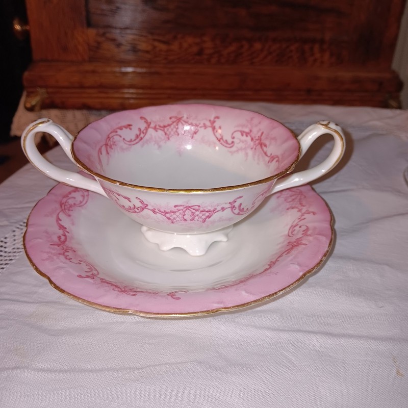 Cauldon  Brown-Westhead Moore Potters To Her Majesty Pink Teacup Soup Cup Saucer