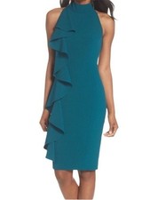 Eliza J. Ruffle Sheath Dress in Peacock Teal Size 8 Office Knee Length