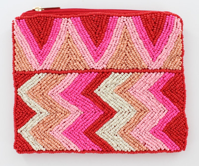 New KAY LEE NY Beaded Red/Pink ZigZag Coin Purse/Makeup Bag  Made in India 