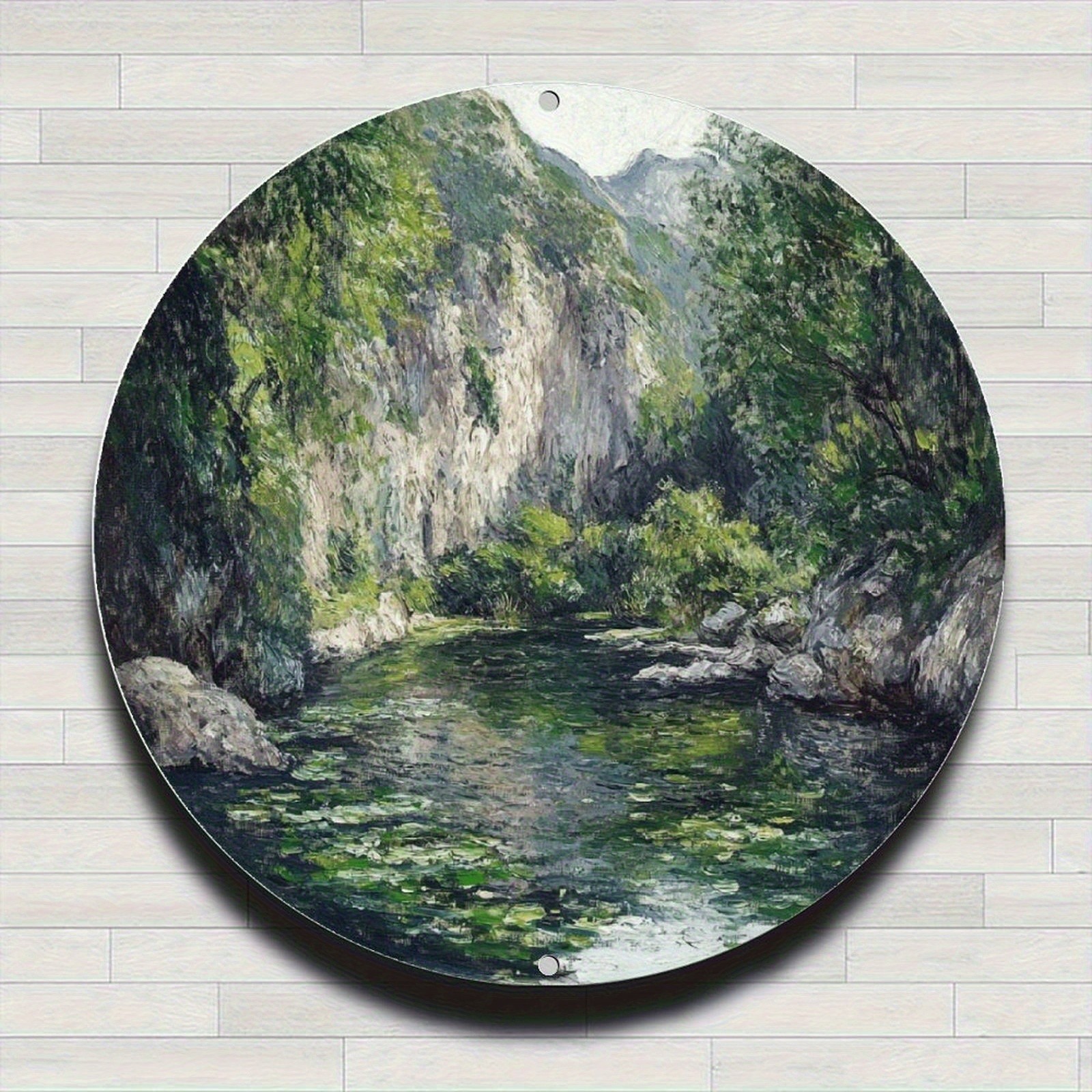 Country Farmhouse Round Aluminum Wall Art Majestic River View Metal Plaque