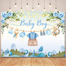 Blue Floral Baby Shower Backdrop Banner Decorations for Boy,Watercolor Flower Oh