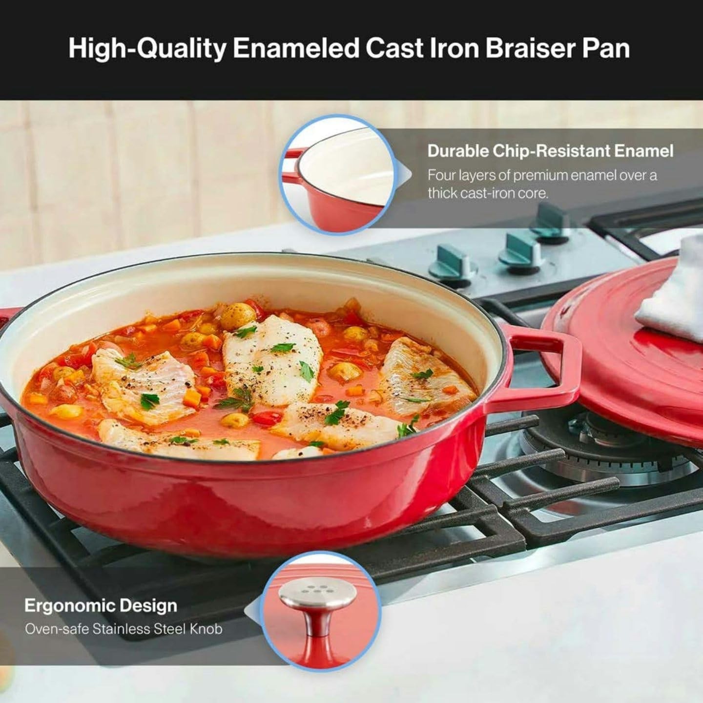 Misen 5.5 QT Enameled Cast Iron Braiser – Red – NEW In Box – Dutch Oven Style