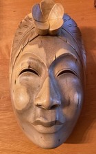 VINTAGE Indonesian Bali Hibiscus Wood Carved Face Mask Sculpture Wall Folk Art