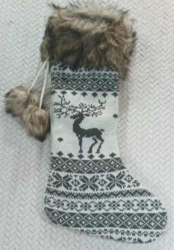 Fair Isle Faux Fur Knitted Christmas Stocking Reindeer Deer Pompom White Grey - Picture 8 of 13