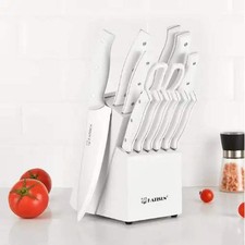 15-Piece White Kitchen Knife Set With Built-in Sharpening Stone, Ergonomic Tripl