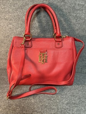 TOMMY HILFIGER Classy Red Pebbled Matte Leather With Gold Logo Two Straps