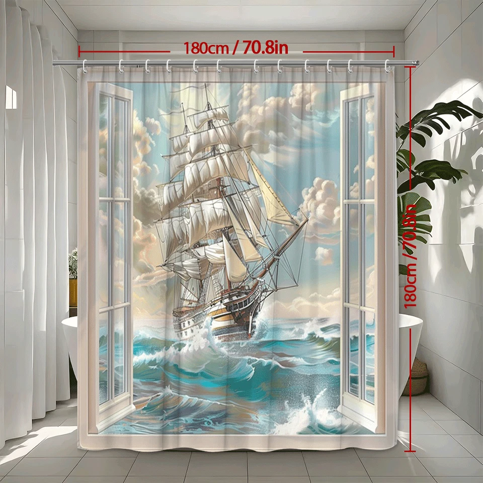 Cortina de ducha velero olas del océano baño náutico decoración estilo costero Foto 3 de 4