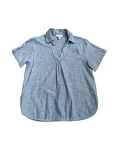 Banana Republic Size Small Linen Blend Johnny Collar Shirt Top Blue Short Sleeve