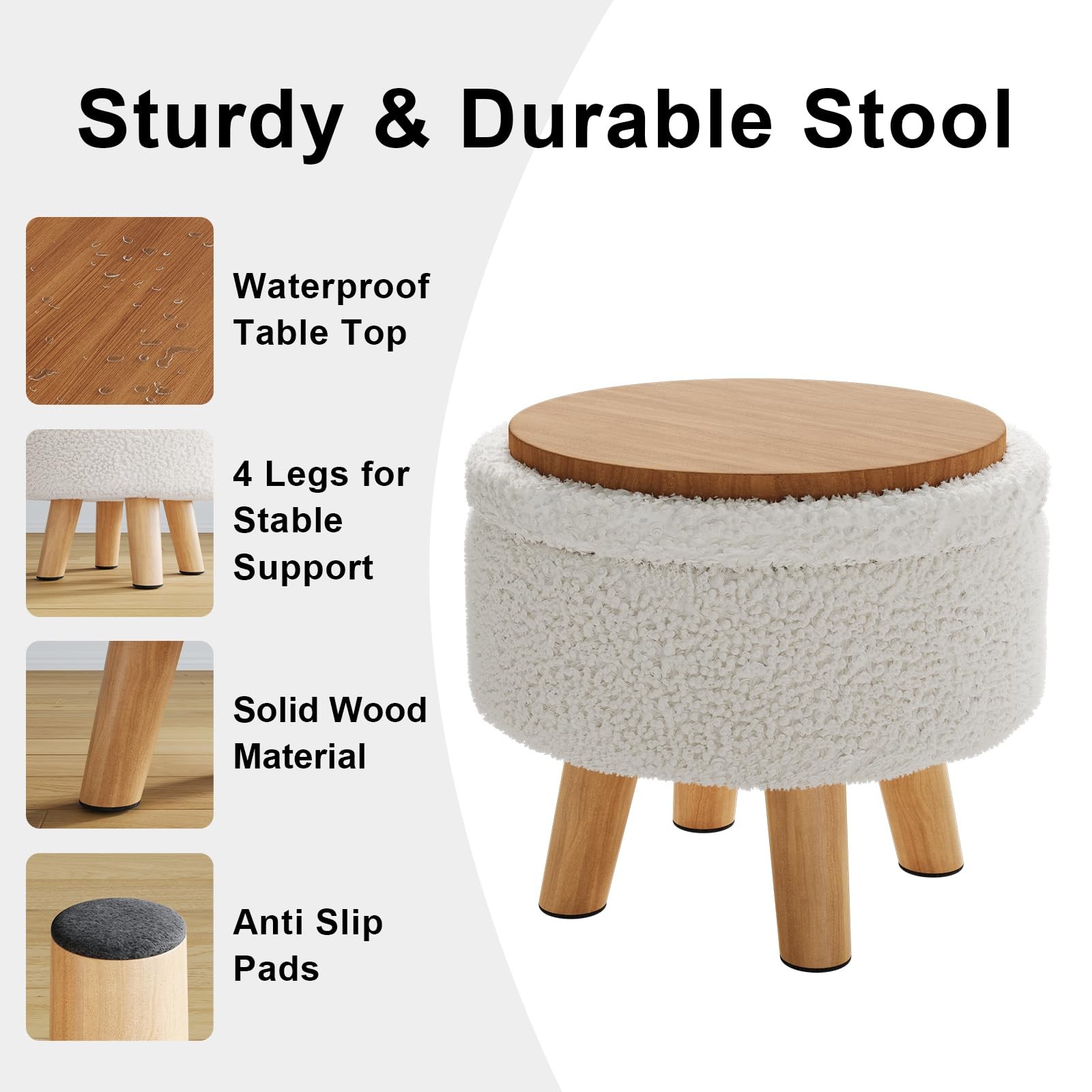 Small Ottoman Footrest, White Boucle Foot Stool, Round Pouf Ottoman with Stor...