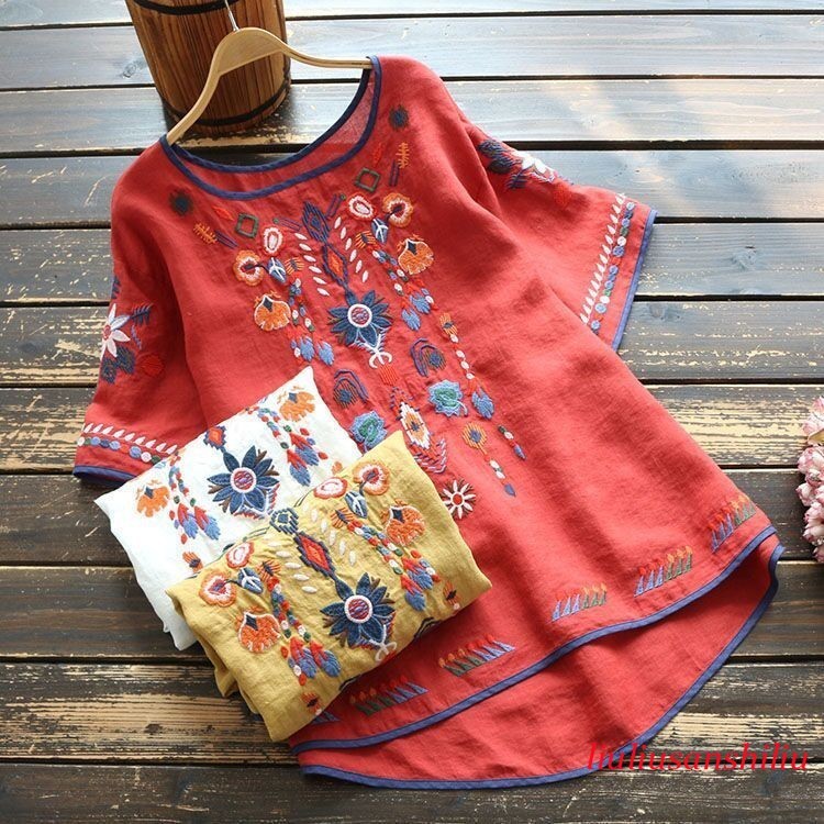 Women's Embroidered Flowers Cotton Linen Blouse Casual Summer Boho Top Hot