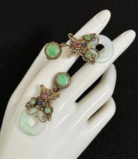 ANTIQUE GORGEOUS CHINESE SILVER AND JADE TOURMALINE BUTTERFLY DANGLE EARRINGS