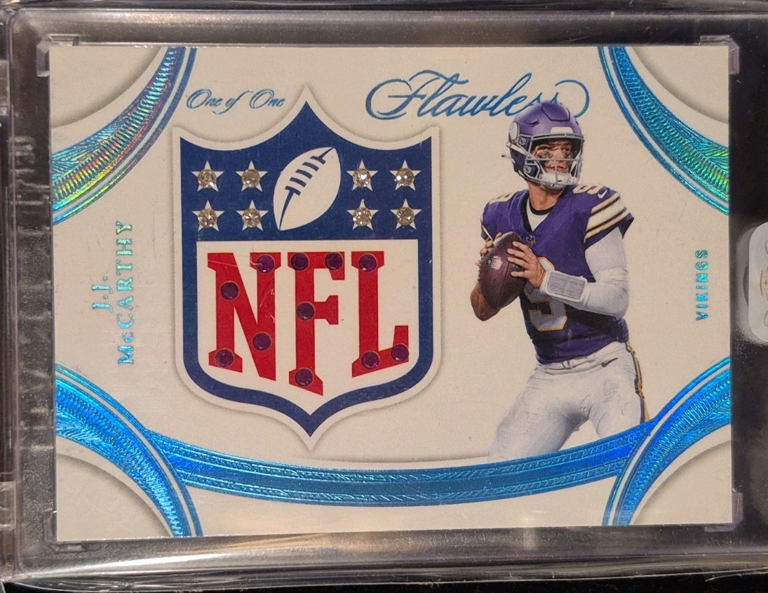 2025 NFL Flawless JJ McCarthy NFL Shield GEMS 1/1 Vikings Diamonds & Ruby's SSP view 1
