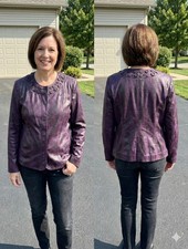 Chico's Sz 1 M Purple Snake Print Snap Front Jacket Embellished Plum