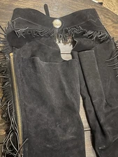Leather Suede Chaps Western Fringe Black Full Zip Horse Show Silver Concho