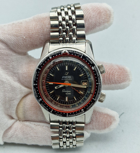 RARE ENICAR Sherpa Guide 600 GMT World Timer Black dial Auto Man's Watch / L007