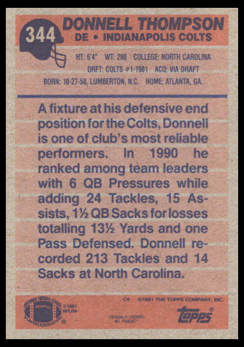 1991 Topps #344 Donnell Thompson Indianapolis Colts Football Card | eBay
