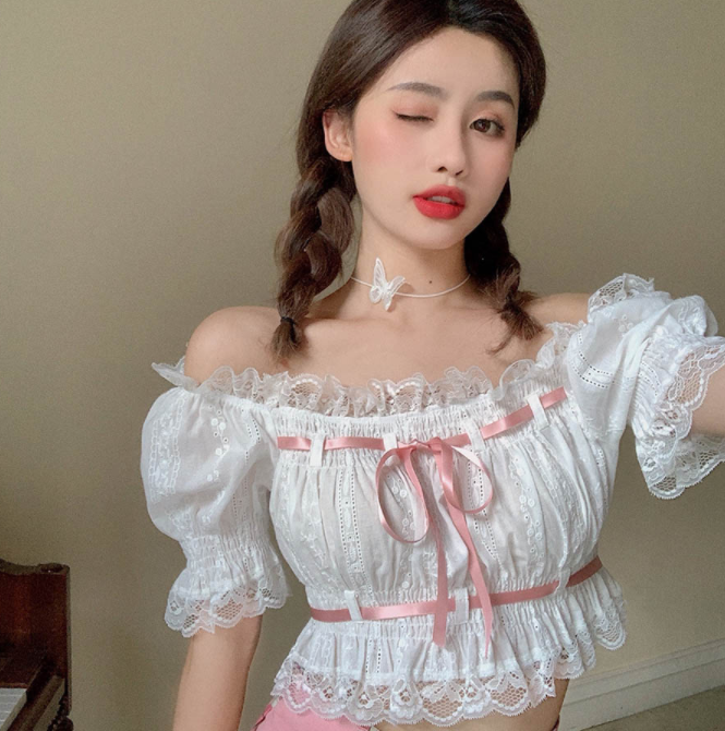 Vintage Ruched Crop Top Off the Shoulder Pink Ribbon Lolita