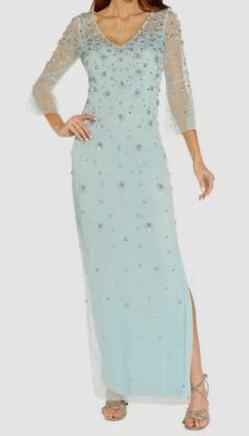 Adrianna Papell Women's Blue Floral-Beaded Bell-Sleeve Gown Dress Petite Sz 4P