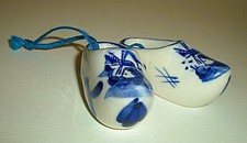 Vintage Pair Hand Painted Delft Blauw Clog Shoes Holland Dutch Floral Windmill