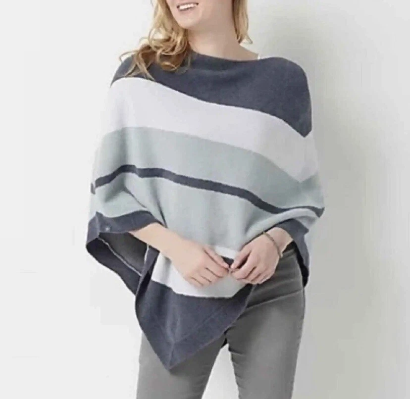 Barefoot Dreams Striped Knit Poncho Women Size OS Gray White Cabincore Cozy