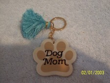 Dog Mom Pawprint W/Aqua Tassel Keychain New No Tag/Box Says Dog Mom Front Back
