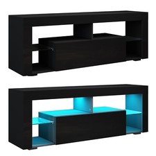 TV Schrank Schwarz Hochglanz TV Lowboard mit Beleuchtung Klapptür Glasregal