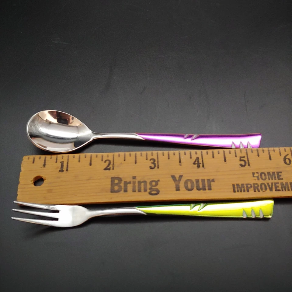 5 Demitasse Spoons & 5 Cocktail Forks - vtg 1990s Colorful Metallic Dinner Mate - Image 4 of 4