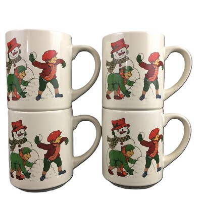 Wang's International Christmas Mugs Set of 4 Snowman Kid Snowball Fight VTG 1989
