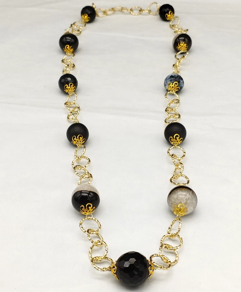 Collar Mujer Cadena Largo Aluminio Imitación Oro Ágata Negro Ónix Elegante Luz - Imagen 3 de 4