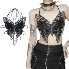 Women Gothic Butterfly-Shape Camisole Crop Top Halter Backless Lace Bra Clubwear