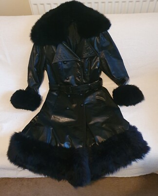 Black Leather Trench Coat Faux Fur Collar Cuff Hem Trim Spinney