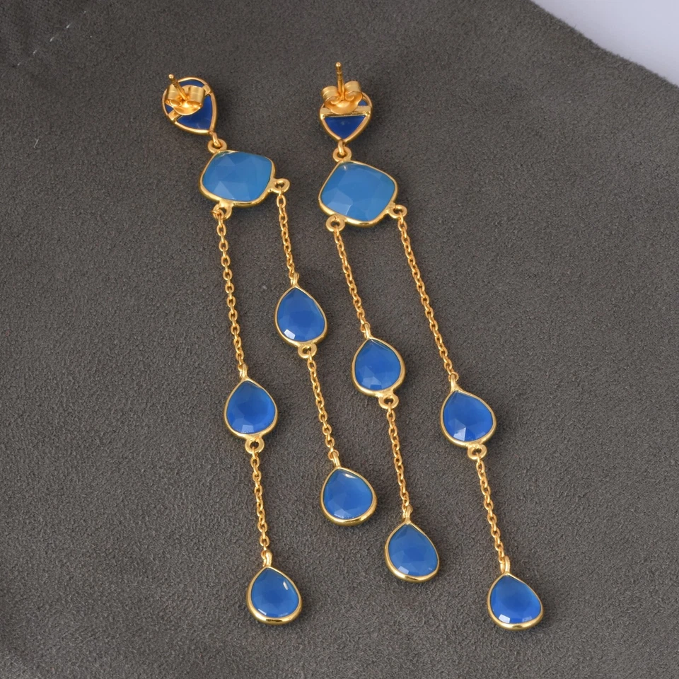 Long Chain Earrings Yellow Gold Plated Blue Chalcedony Gemstone Dangle Earring - Image 3 of 4