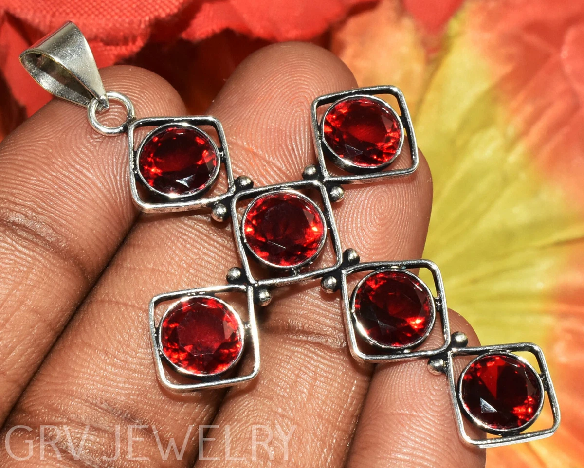 Garnet Gemstone Ethnic Cross Pendant 925 Sterling Silver Plated WH