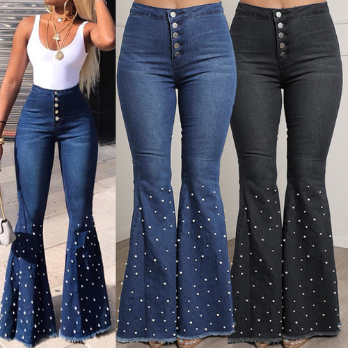 Donna Svasato Pantaloni Zampa D'Elefante Denim Jeans Vita Alta Perline  Casual | eBay