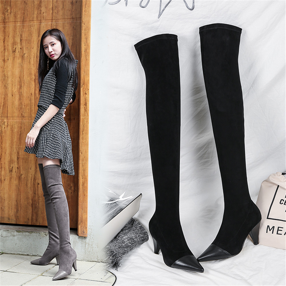 2018 Winter Damen Overkneestiefel Elegant Spitz Kitten Heel Faux-Wildleder Stiefel 2018 Winter Damen Overkneestiefel Elegant Spitz Kitten Heel Faux-Wildleder Stiefel