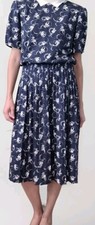 Vintage Women's Navy Ivory Printed Baby Collar Tea Length Dress Size 12