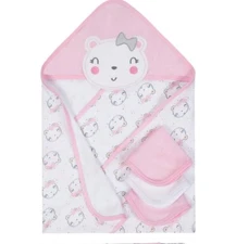 Gerber Baby Girls Organic 4 Piece Terry Bath Set Hooded Towel, Washcloths NEW