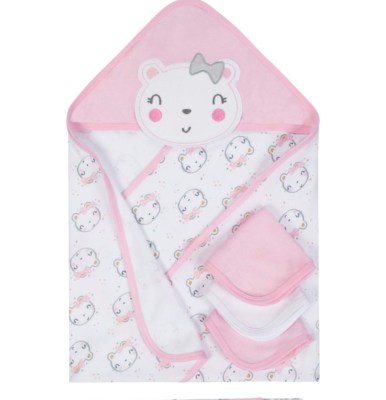 Gerber Baby Girls Organic 4 Piece Terry Bath Set Hooded Towel, Washcloths NEW