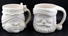 Vintage Christmas White Santa and Mrs Claus Mug Ceramic Ready to Paint Cup Set