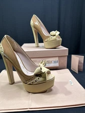MIU MIU 5KP031 CAMMEO/CIPRIA PATENT LEATHER PEEP TOE  BOW PLATFORM PUMPS 36,5