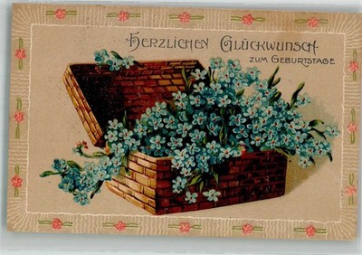 38173216 - Geoeffneter Weidenkorb mit Vergissmeinnicht E.A.S. 16973 Geburtstag