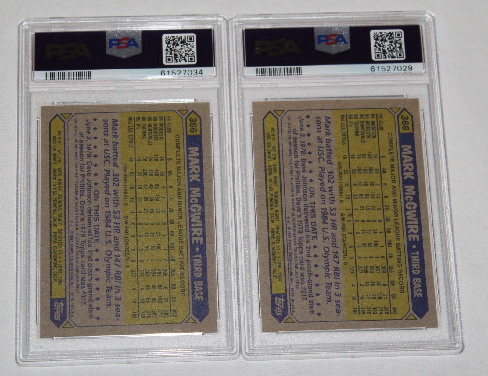 TWO (2) 1987 Topps Baseball Card #366 MARK MCGWIRE A's ROOKIE RC PSA 9 MINT view 2