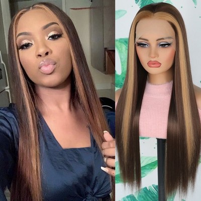 13x4 Honey Blonde Highlights Skunk Stripe Lace Front Wigs Natural Straight Hair