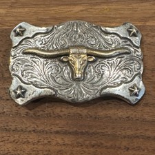 vintage WESTERN belt buckle LONGHORN engraved WESTERN cowboy steer RODEO