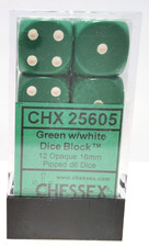 Chessex Dice d6 12 Green w/White Opaque Pipped 16mm Six Sided Die CHX25605