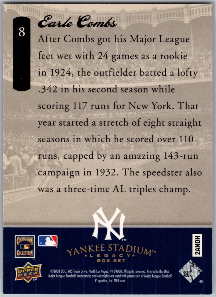2008 Upper Deck Yankee Stadium Legacy Final Season Box Set - Earle Combs #8 - Image 2 of 2