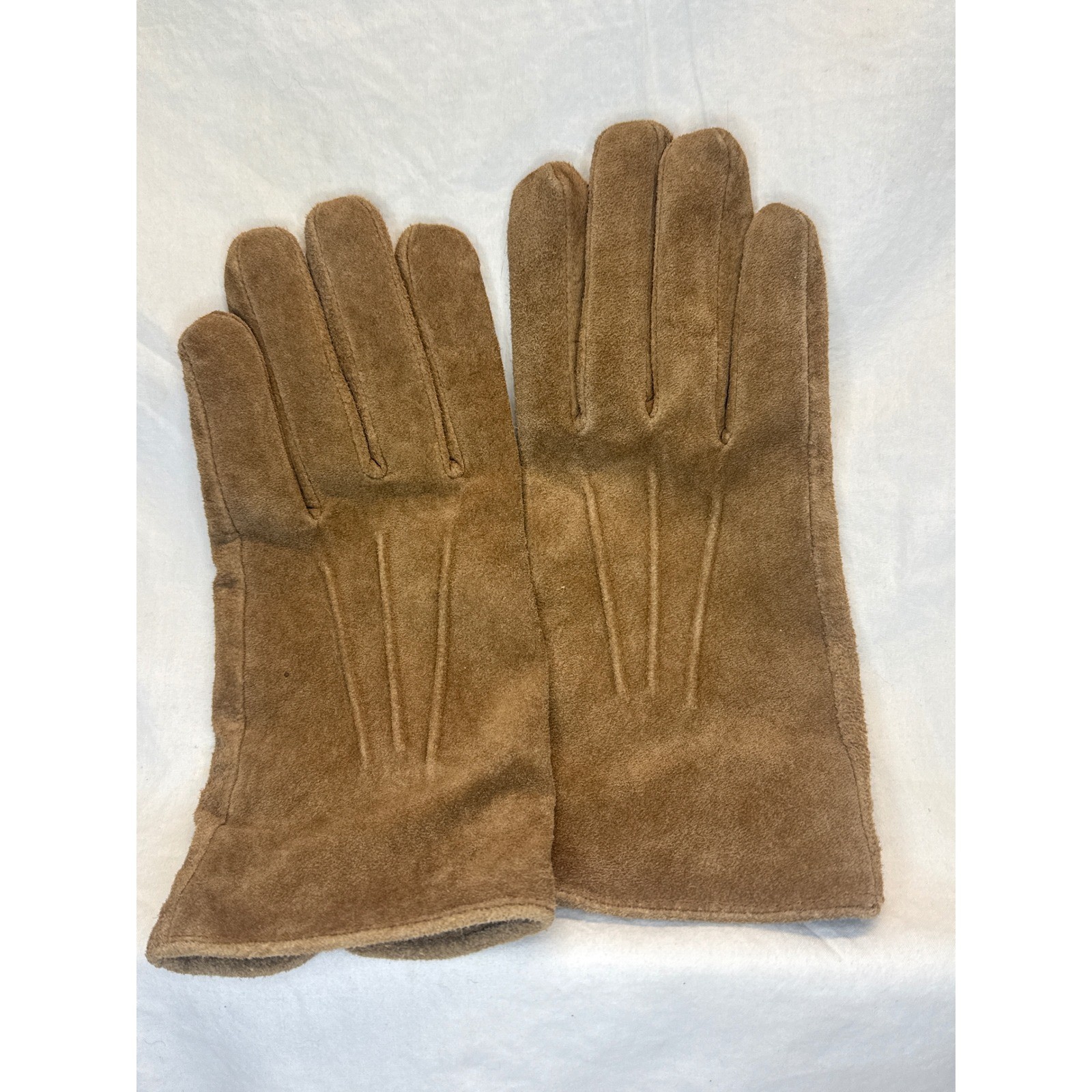 Pair of tan brown suede men's gloves with a simple ribbed cuff.