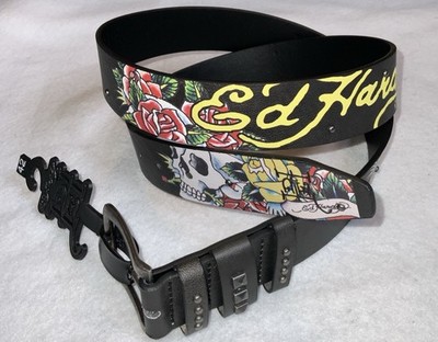 ED HARDY MENS BLACK SKULL & FLOWERS PYRAMID STUD LEATHER BELT SZIE